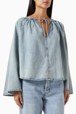 Buy Frame Blue V neck Shirred Blouse in Denim for Women in UAE Ounass