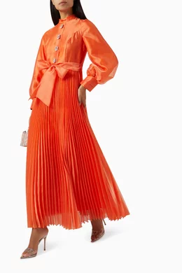 Orange pleated discount maxi dress