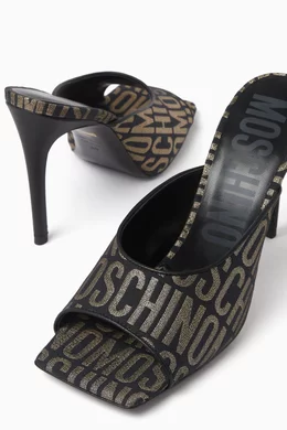 Buy Moschino Gold Square toe Mules in Logo Jacquard for Women in