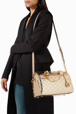 Buy Michael Kors Gold Medium Grayson Satchel Bag in Patent Logo