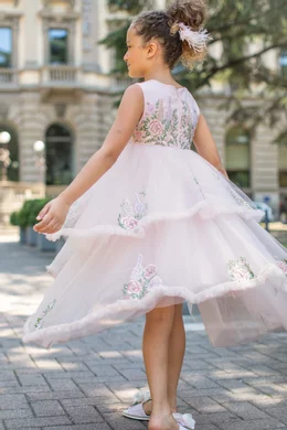 Buy Maison Ava Pink Camellia Embroidered Dress in Tulle for Girls