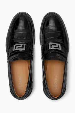 Buy Versace Black Greca Loafers in Croc embossed Leather for Men in UAE Ounass
