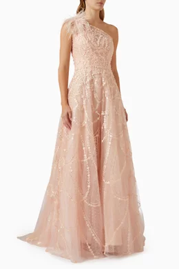 Buy Mac Duggal Orange Embellished One shoulder Gown in Tulle