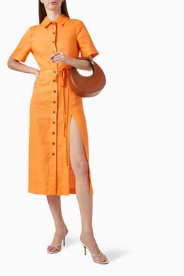 Buy Matthew Bruch Orange Button up Midi Shirt Dress in Linen and