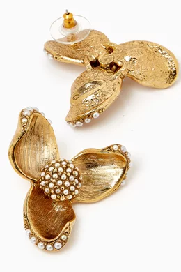 Buy Oscar de la Renta Gold Tri Leaf Pearl Flower Earrings in Metal