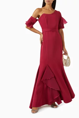 One shoulder hot sale ruffle maxi dress