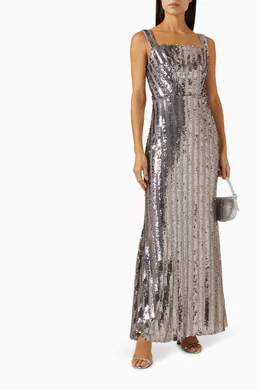 Buy Amri Silver Maxi Dress Cape in Sequin Tulle for Women in