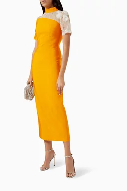 Buy Mimya Orange High neck Midi Dress in Viscose for Women in UAE Ounass