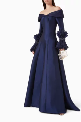 Buy ILLUSTRELLA Blue Azure Off shoulder Dress in Mikado