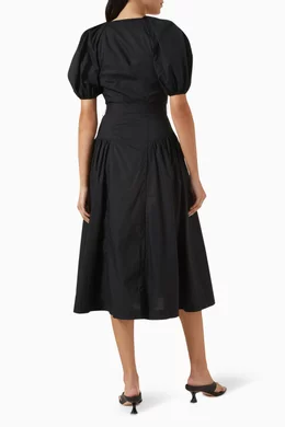 Buy Ulla Johnson Black Carina Midi Dress in Cotton Poplin for