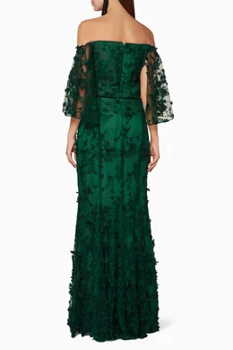 Buy Marchesa Notte Green Emerald Green Embroidered Off The Shoulder Gown For Women Online Ounass UAE