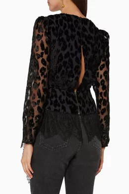 Buy Self-Portrait Black Metallic Leopard Wrap Top For Women