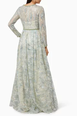 Buy Mac Duggal Silver Long Sleeve Gown in Embellished Lace For Women Online Ounass UAE