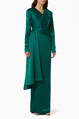 green emerald velvet dress Satin maxi dress with a train green F067X080 – RASARIO main image 1