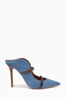 Buy Malone Souliers Blue Maureen 100 Mules in Denim Elaphe For