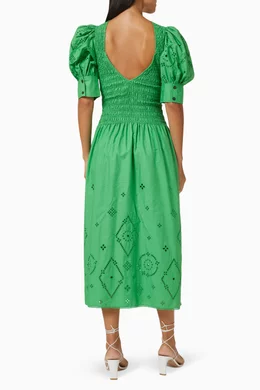 Buy Ganni Green Broderie Anglaise Midi Dress in Organic Cotton For Women  Online | Ounass UAE