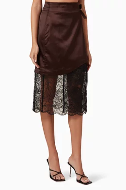 【サイズ交換ＯＫ】 Ganni Buy Brown Recycled in Skirt Wrap Midi Lace-trimmed スカート