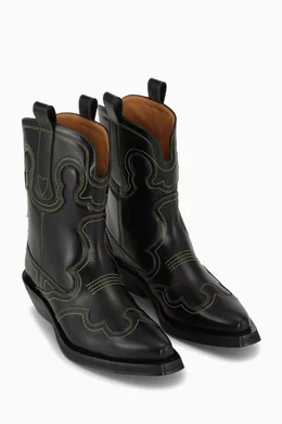 Buy Ganni Black Embroidered Cowboy Ankle Boots in Leather For