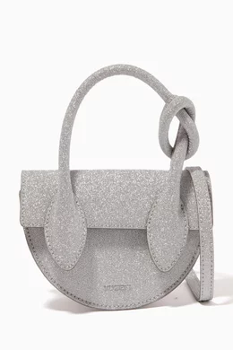 Buy YUZEFI Silver Mini Pretzel Top Handle Bag in Glitter Faux