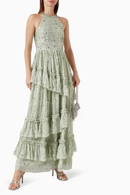 Buy Maya Green Embellished Halterneck Ruffle Maxi Dress For Women Online |  Ounass UAE