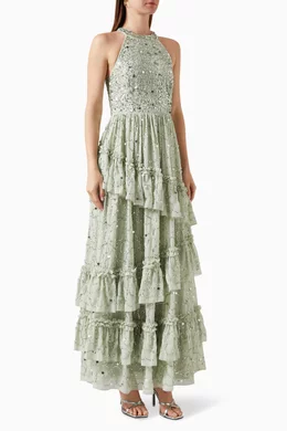 Buy Maya Green Embellished Halterneck Ruffle Maxi Dress For Women Online |  Ounass UAE