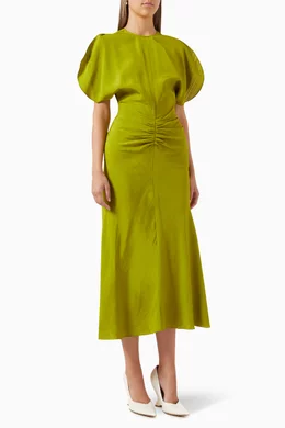 Buy Victoria Beckham Green Gathered Waist Midi Dress in