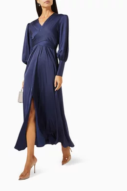 Blue long wrap dress best sale