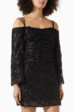 knee length dresses for ladies Ganni BLACK BOTANICAL JACQUARD OPEN-BACK MINI DRESS – Shop at the Mix