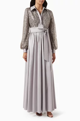Buy Badgley Mischka Grey Bead embellished Shirt Dress in Mikado For Women Online Ounass UAE
