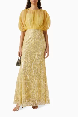 Buy NASS Yellow Sequin embellished Belted Maxi Dress in Tulle For Women Online Ounass UAE