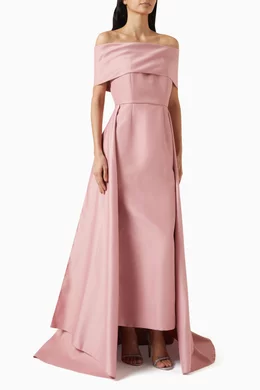 Buy Serrb Pink Bardot Long train Maxi Dress in Satin For Women Online Ounass UAE