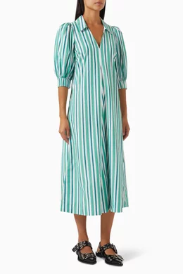 Buy Ganni Green Striped Collar Midi Dress in Cotton-poplin For Women Online  | Ounass UAE