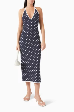 Buy Rowen Rose Blue V neckline Polka dot Midi Dress in Jersey For Women Online Ounass UAE