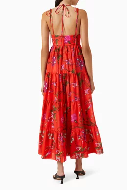 Buy Erdem Red Floral print Midi Dress in Cotton linen For Women Online Ounass UAE