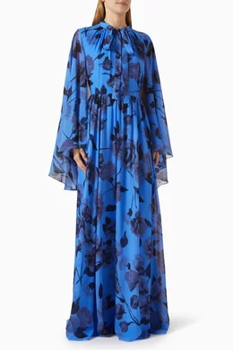 Buy Erdem Blue Floral print Long sleeve Gown in Silk For Women Online Ounass UAE