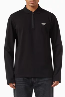 Buy Prada Black Triangle Logo Polo Shirt in Pique-knit For Men