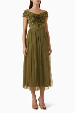 Buy Maya Green Floral Embellished Bardot Midi Dress in Tulle For Women  Online | Ounass UAE