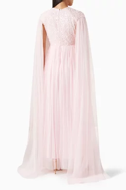 Buy Amri Pink Embellished Cape sleeve Maxi Dress Chiffon Tulle For Women Online Ounass UAE