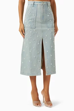 Buy Sea New York Blue Perlette Embellished Midi Skirt in Denim For Women Online Ounass UAE