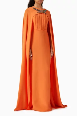 Buy LAMMOUSH Orange Embellished Cape Dress in Crepe For Women Online Ounass UAE