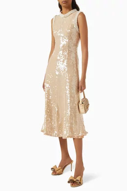 Buy Self-Portrait Neutral Sequin-embellished Pearl-trim Midi Dress For  Women Online | Ounass UAE