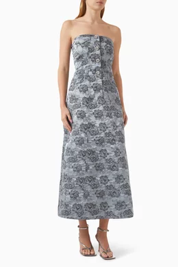 GANNI｜DRESSES (NAVY BLUE BOTANICAL JACQUARD STRAP MIDI Navy Blue Botanical Jacquard Strap Midi Dress | GANNI CA