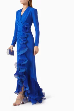Buy Tadashi Shoji Blue Malone Cascading Ruffle Gown For