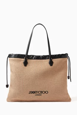 Buy Jimmy Choo Neutral Drawstring Tote Bag in Raffia