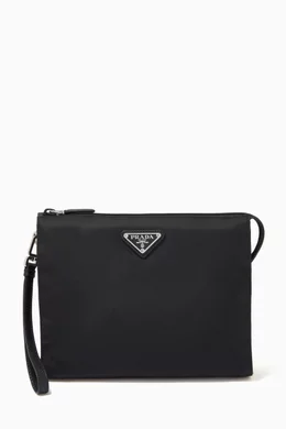 バッグ PRADA Re-Nylon Pouch Triangle Logo Black Buy Prada Black Triangle Logo Pouch in Re-Nylon & Saffiano Leather