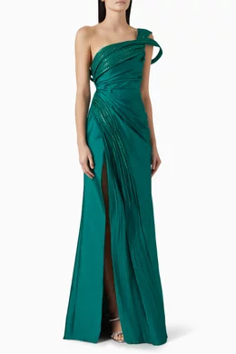 Buy Tarik Ediz Green Tiare Gown in Taffeta For Women Online | Ounass UAE
