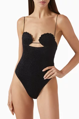 Buy Oseree Black Lumiére Shell One-piece Swimsuit in Lurex