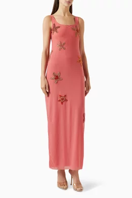 Buy Leslie Amon Orange Starfish Embellished Tank Maxi Dress For