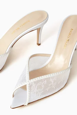 Buy Andrea Wazen White Katy 75 Mule Sandals in Lace & Satin For