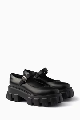 Buy Prada Black Monolith Mary Jane Pumps on Brushed Leather For